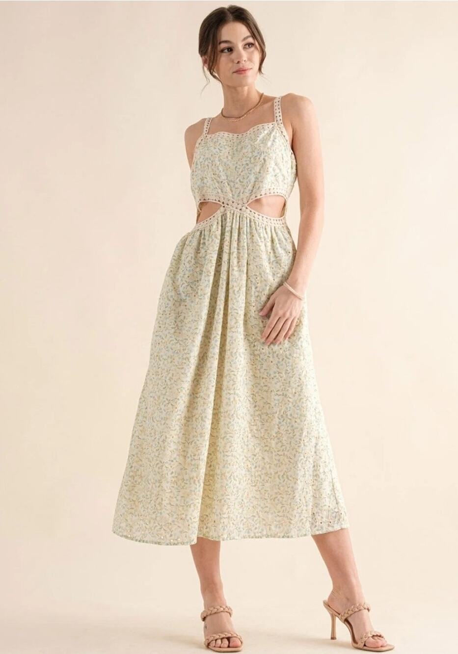 Just Me US / M Ivory Green Floral Square Neck Cutout Lace Sleeveless Midi Dress